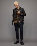 Men's Leather Biker Jacket In Black With Belt - Image 9
