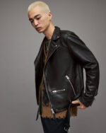 Men's Leather Biker Jacket In Black With Belt - Image 6