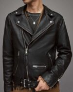 Men's Leather Biker Jacket In Black With Belt - Image 5