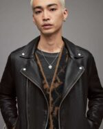 Men's Leather Biker Jacket In Black With Belt - Image 8