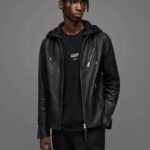 Men's Leather Biker Jacket In Black With Hood