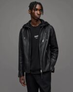 Men's Leather Biker Jacket In Black With Hood