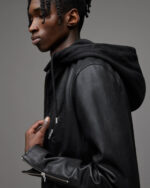 Men's Leather Biker Jacket In Black With Hood - Image 4