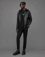 Men's Leather Biker Jacket In Black With Hood - Image 6