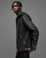 Men's Leather Biker Jacket In Black With Hood - Image 5