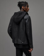Men's Leather Biker Jacket In Black With Hood - Image 3