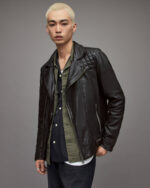 Men's Leather Biker Jacket In Black With Quilted Shoulders - Image 4