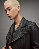 Men's Leather Biker Jacket In Black With Quilted Shoulders - Image 5