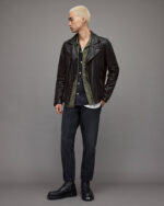Men's Leather Biker Jacket In Black With Quilted Shoulders - Image 7