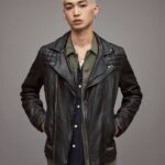 Men's Leather Biker Jacket In Black With Quilted Shoulders