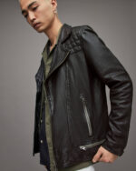 Men's Leather Biker Jacket In Black With Quilted Shoulders - Image 2
