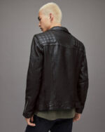 Men's Leather Biker Jacket In Black With Quilted Shoulders - Image 3