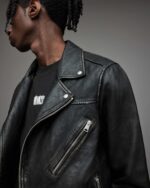 Men's Leather Biker Jacket In Black With Removable Hood - Image 5