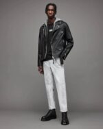 Men's Leather Biker Jacket In Black With Removable Hood - Image 6