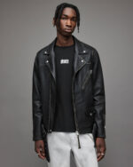 Men's Leather Biker Jacket In Black With Removable Hood - Image 4