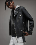 Men's Leather Biker Jacket In Black With Removable Hood - Image 2