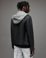 Men's Leather Biker Jacket In Black With Removable Hood - Image 3