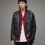 Men's Leather Biker Jacket In Black With Shoulder Straps