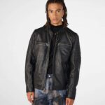 Men's Leather Cafe Racer Biker Jacket In Black