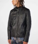 Men's Leather Cafe Racer Biker Jacket In Black - Image 2