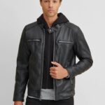 Men's Leather Jacket In Black With Removable Hood