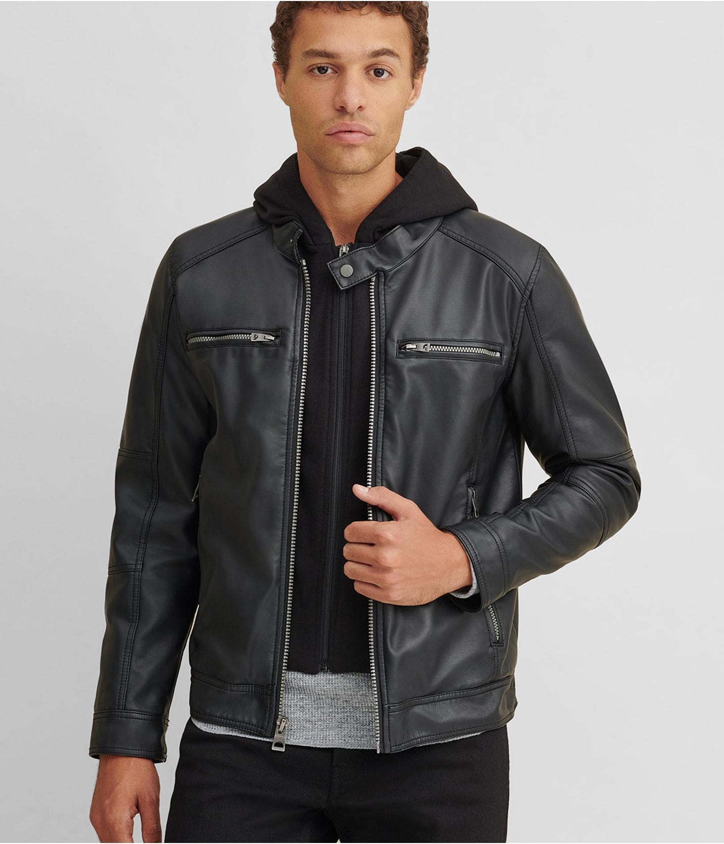 Mens-Leather-Jacket-In-Black-With-Removable-Hood-b.jpg Men's Leather Jacket In Black With Removable Hood - Image 1