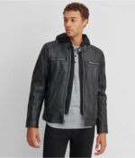 Men's Leather Jacket In Black With Removable Hood - Image 2