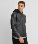 Men's Leather Jacket In Black With Removable Hood - Image 4