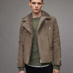 Men's Leather Shearling Biker Jacket In Beige Gray