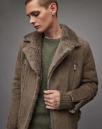 Men's Leather Shearling Biker Jacket In Beige Gray - Image 2