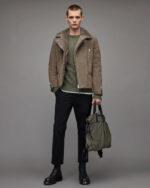 Men's Leather Shearling Biker Jacket In Beige Gray - Image 6