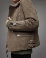 Men's Leather Shearling Biker Jacket In Beige Gray - Image 4