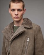 Men's Leather Shearling Biker Jacket In Beige Gray - Image 5
