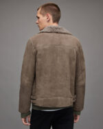 Men's Leather Shearling Biker Jacket In Beige Gray - Image 3