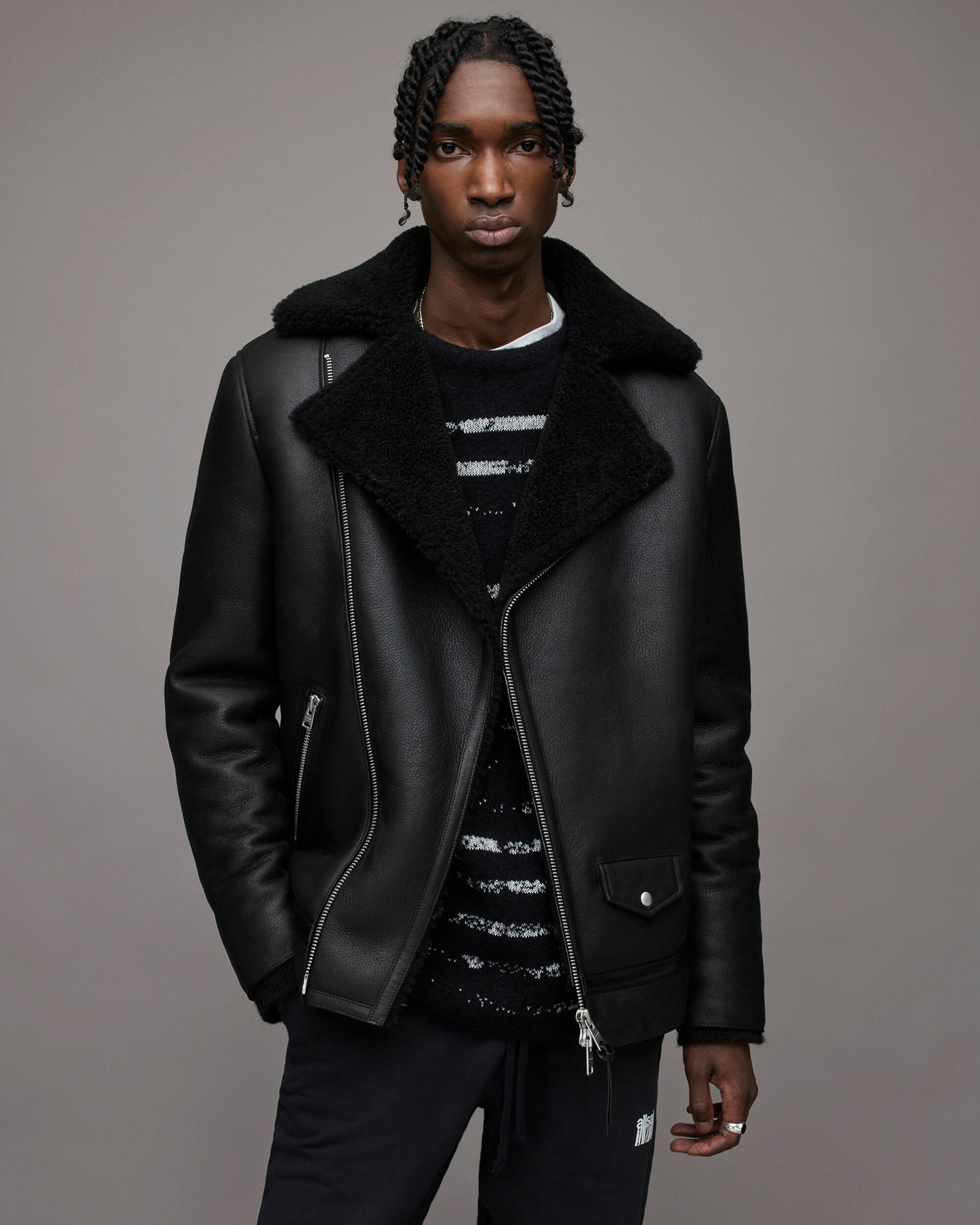 Mens-Leather-Shearling-Biker-Jacket-In-Black-a-1.jpg Men's Leather Shearling Biker Jacket In Back - Image 1
