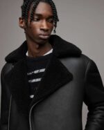 Men's Leather Shearling Biker Jacket In Back - Image 5