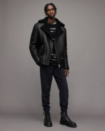 Men's Leather Shearling Biker Jacket In Back - Image 6