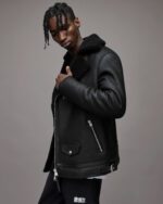 Men's Leather Shearling Biker Jacket In Back - Image 2