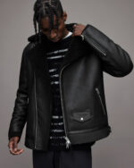Men's Leather Shearling Biker Jacket In Back - Image 4