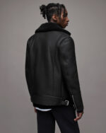 Men's Leather Shearling Biker Jacket In Back - Image 3