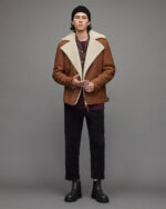 Men's Leather Shearling Biker Jacket In Tan Brown - Image 5