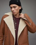 Men's Leather Shearling Biker Jacket In Tan Brown - Image 4