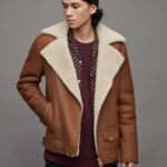 Men's Leather Shearling Biker Jacket In Tan Brown