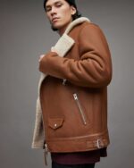 Men's Leather Shearling Biker Jacket In Tan Brown - Image 2