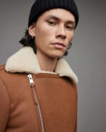 Men's Leather Shearling Biker Jacket In Tan Brown - Image 6