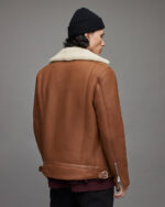 Men's Leather Shearling Biker Jacket In Tan Brown - Image 3