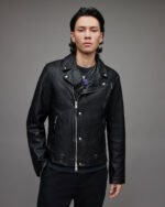 Men's Leather Vintage Biker Jacket In Black - Image 4