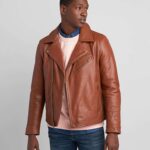Men's Leather Biker Jacket In Tan Brown