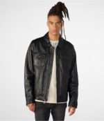 Men's Trendy Leather Harrington Jacket In Black