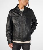 Men's Trendy Leather Harrington Jacket In Black - Image 2